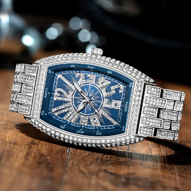 Heren Full Star Fashion Gepersonaliseerde Digitale Tonneau Vormige Volledige Diamanten Grote Wijzerplaat Horloge