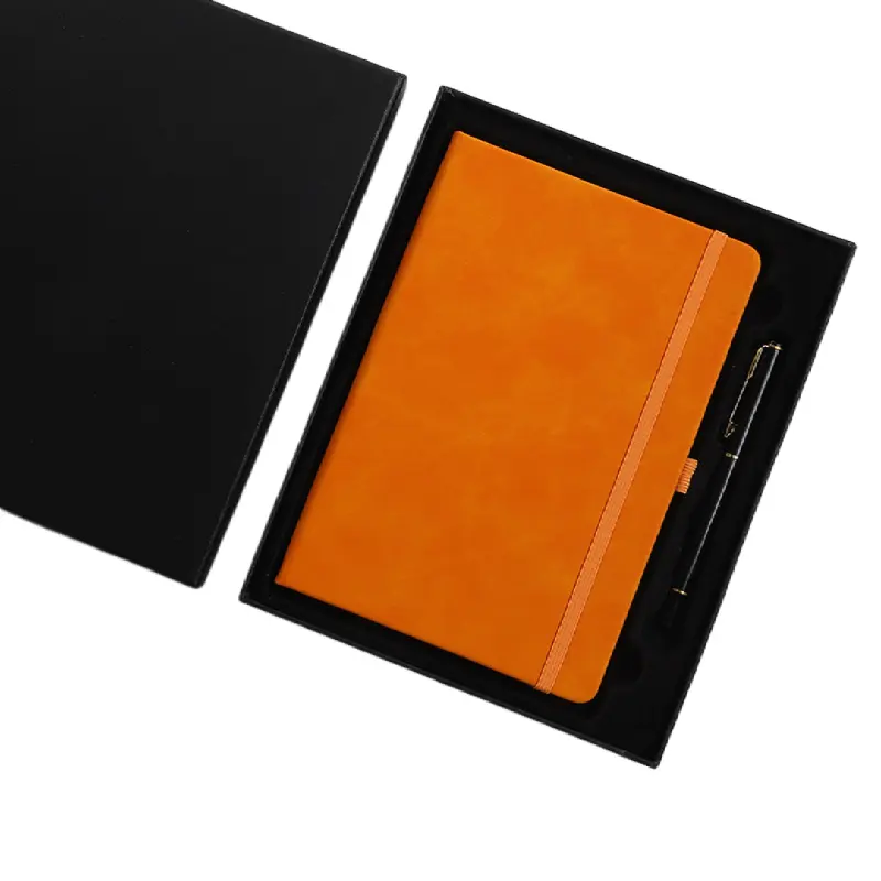Bolsas de regalo personalizadas regalos de recuerdo agregar nombres naranja A4 diario conjunto caja diario cuaderno y bolígrafo conjunto de regalo