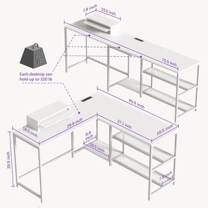 Mesa de ordenador blanca en forma de L, escritorio de esquina de oficina y juegos con tomas de corriente, soporte para monitor y estantes de almacenamiento para uso doméstico - Product Image 3