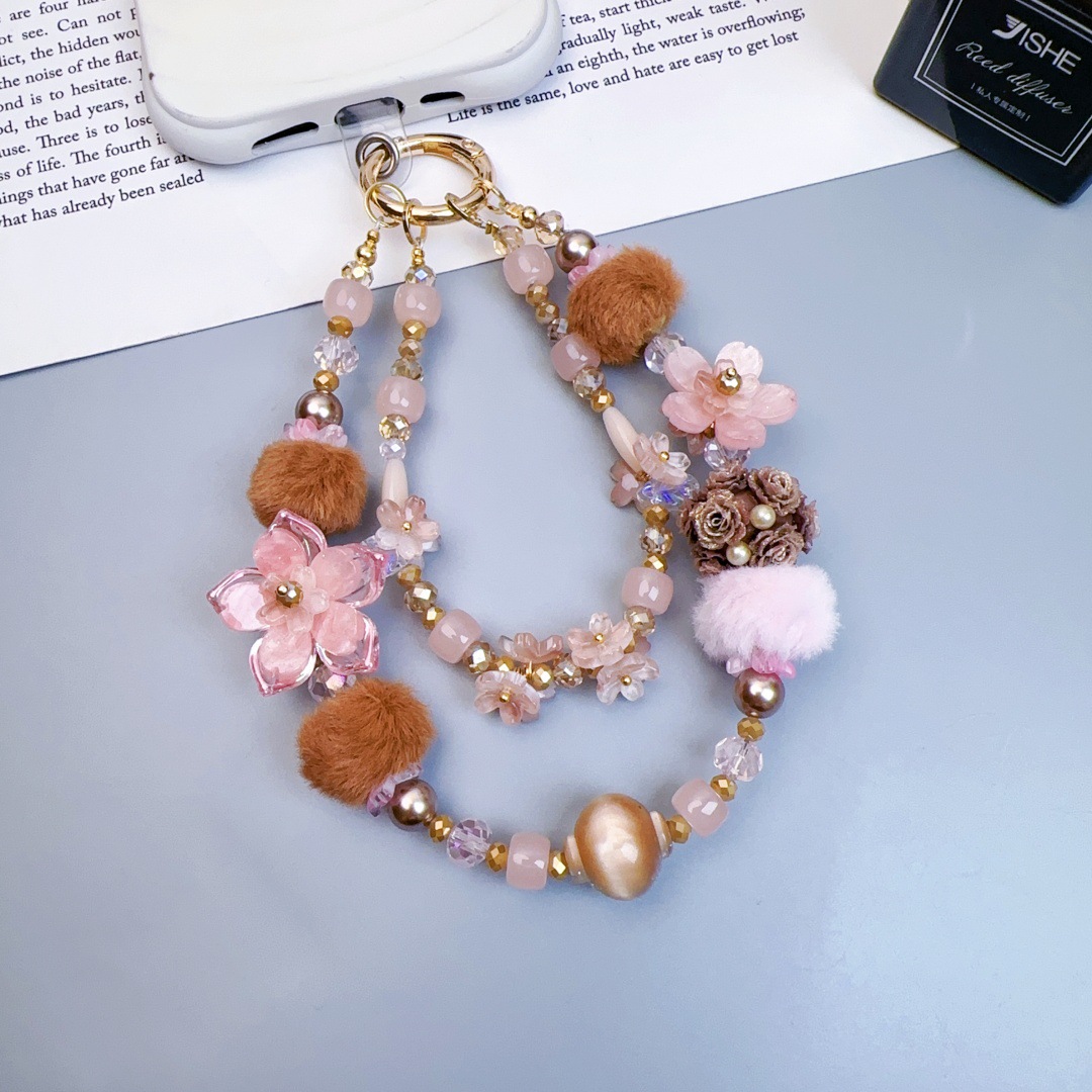 Chaîne courte pour téléphone boule de fleur lumineuse industrie lourde curry rose