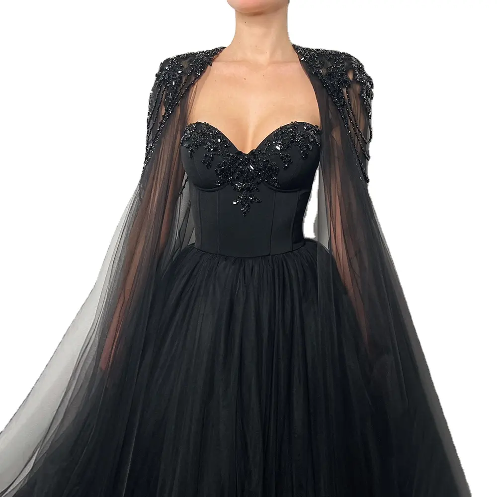 Sharon Said SS394 Gothic Black Tulle Vestido De Noite Árabe Com Mangas De Cabo Para Mulheres Elegantes 2023