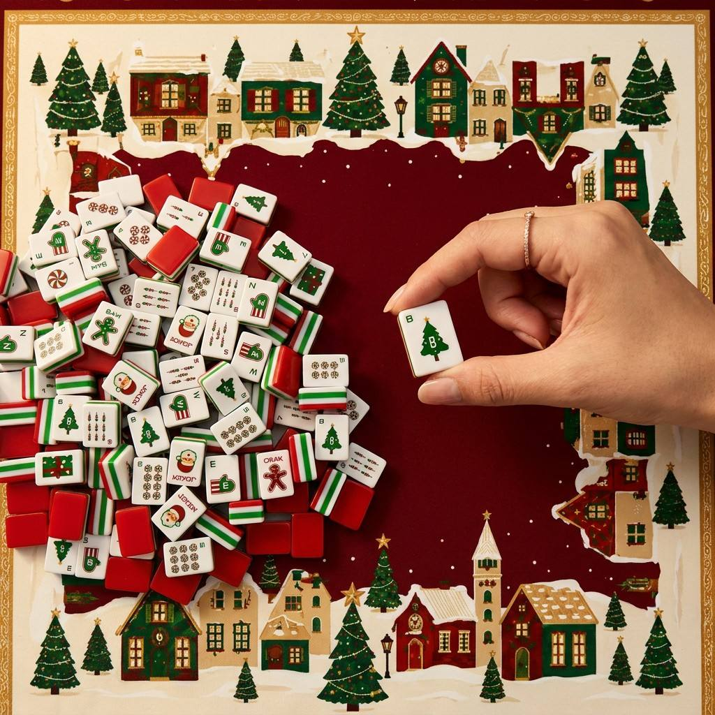 Christmas Red Mahjong Tile and Mat Set 6