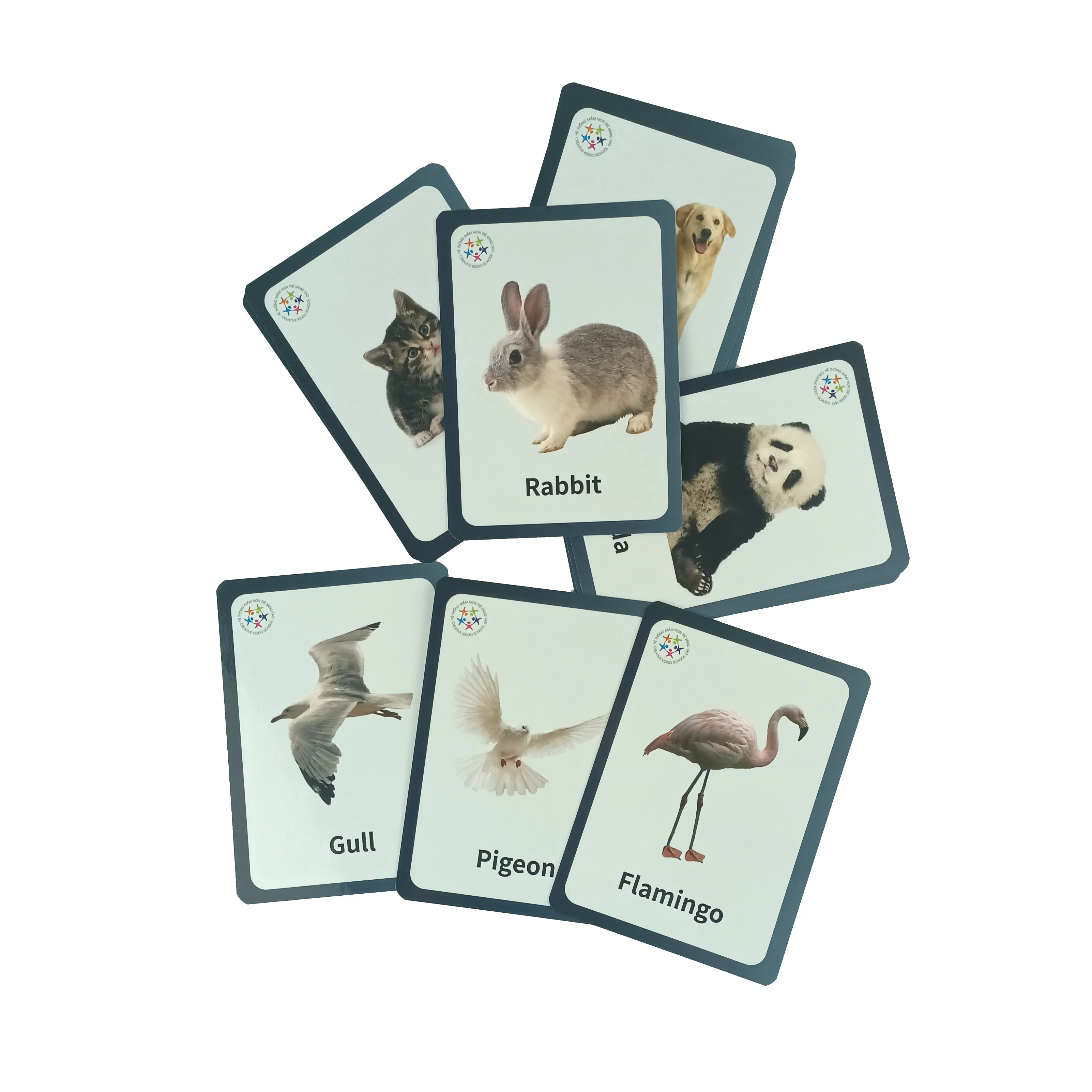 Cartões flash personalizados de palavras de personagens de pôquer em inglês para aprender pássaros e animais feitos de papel