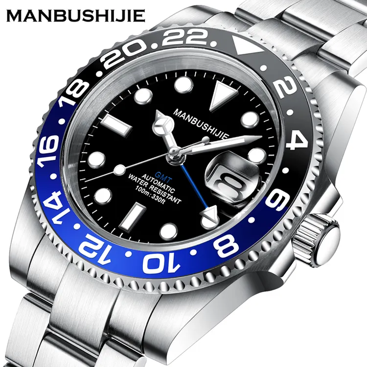 MANBUSHIJIE Luxury Men Reloj autentico vetro zaffiro acciaio inossidabile GMT NH34A immersione luminosa orologi meccanici automatici personalizzati