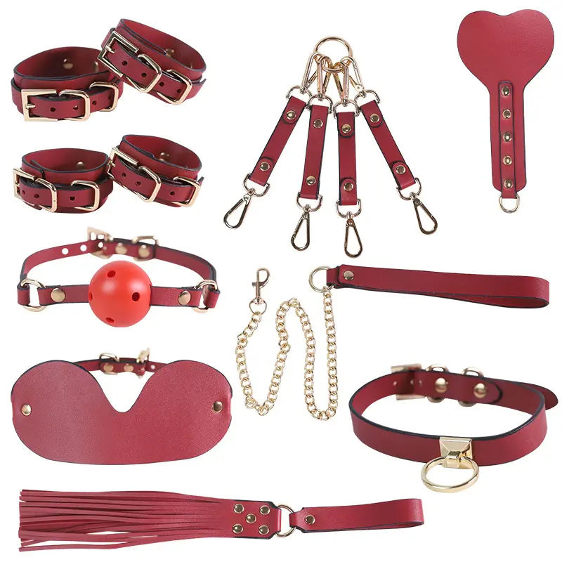 Ensemble de jouets sexuels adultes SM harnais et collier BDSM en or neuf pièces avec menottes manille de liaison pour le jeu de couple