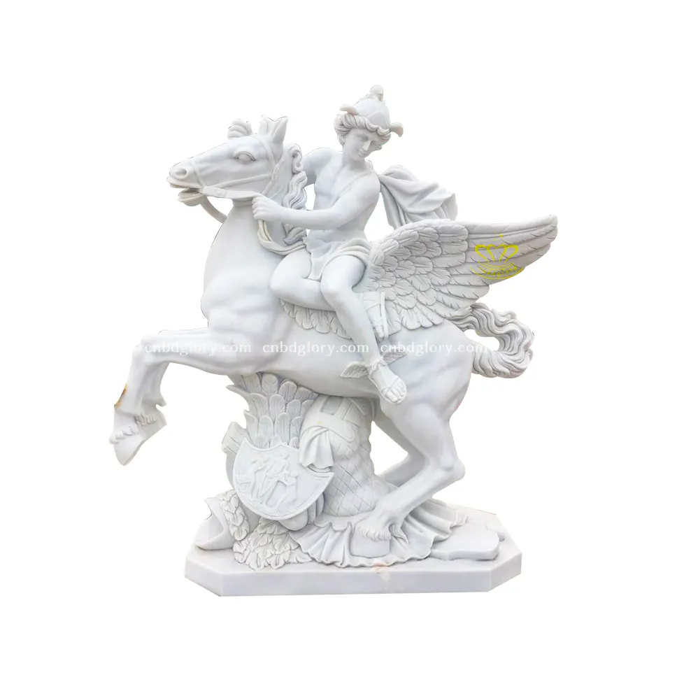 Cour de jardin de luxe Conception de paysage de rue Sculpture d'art en pierre marbre Mercury Riding Pegasus Statue