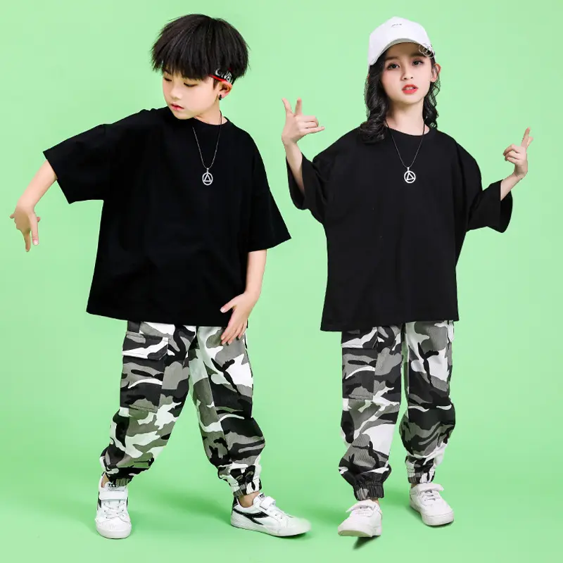 Niños y niñas Hiphop ropa tendencia suelta negro T camuflaje pantalones niños traje