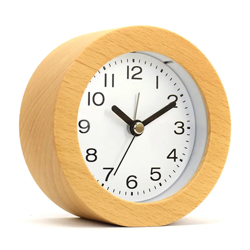 wake up snooze classic analog round modern wooden table alarm clock for bedroom