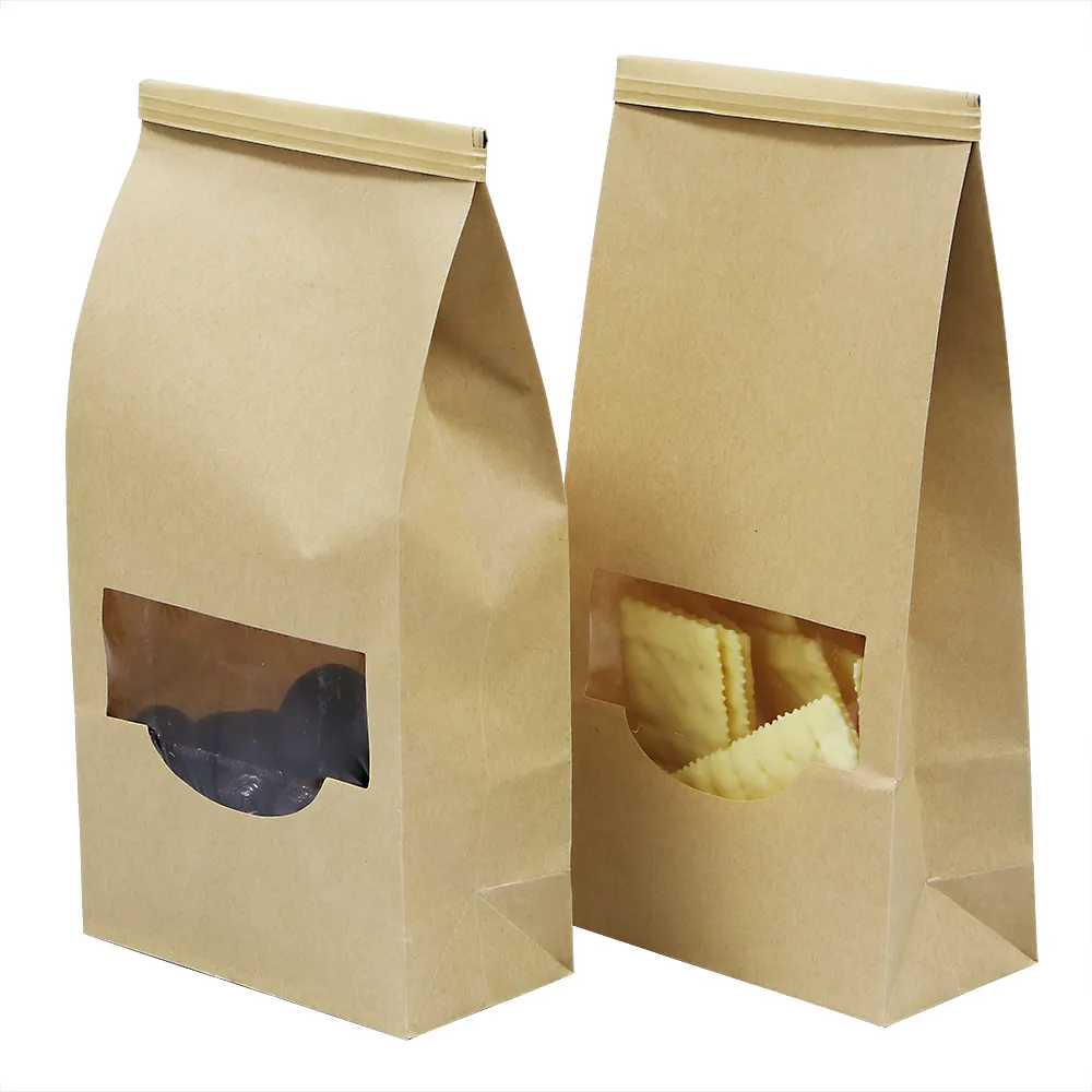 Sacs en papier kraft à fond plat avec fermeture éclair pour noix, emballage alimentaire, sac en papier avec fenêtre