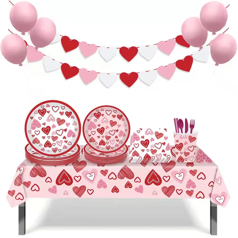 Décorations de table jetable pour fête d'anniversaire, pour la saint-valentin, couverts roses, banderole, assiettes, tasses, ballons, serviettes et banderole happy Birthday