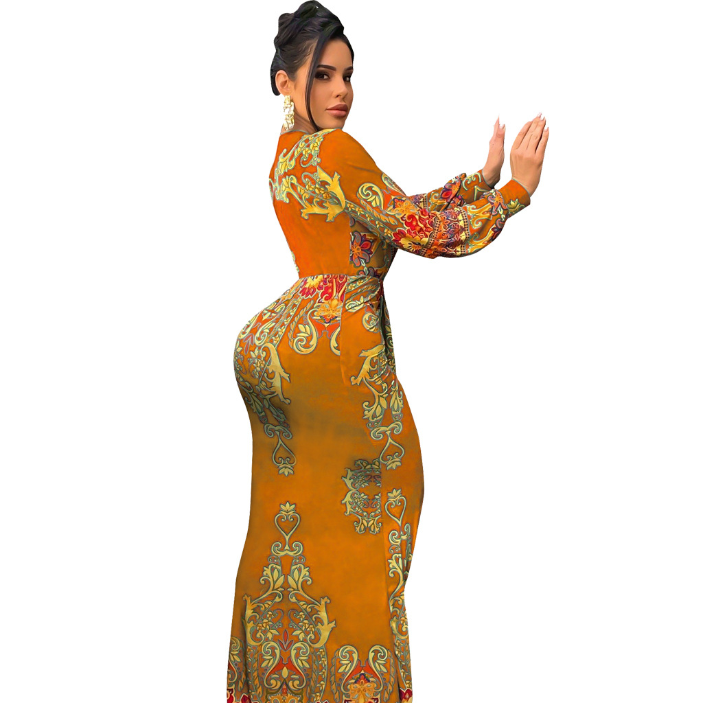 CM.YAYA Women Paisley Elegant Ruched Deep V-neck Long Sleeve Mermaid Bodycon Midi Maxi Dress Sexy Party Night Prom Long Dresses