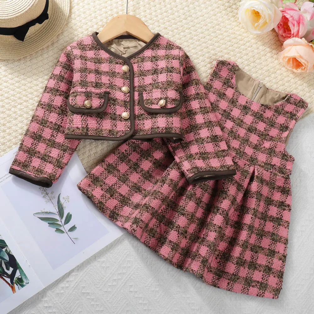 2 pcs/set Moda Crianças Xadrez Princesa Jaqueta De Lã + Vestido para Meninas Crianças Treasure Dress Love Heart Clothing Set