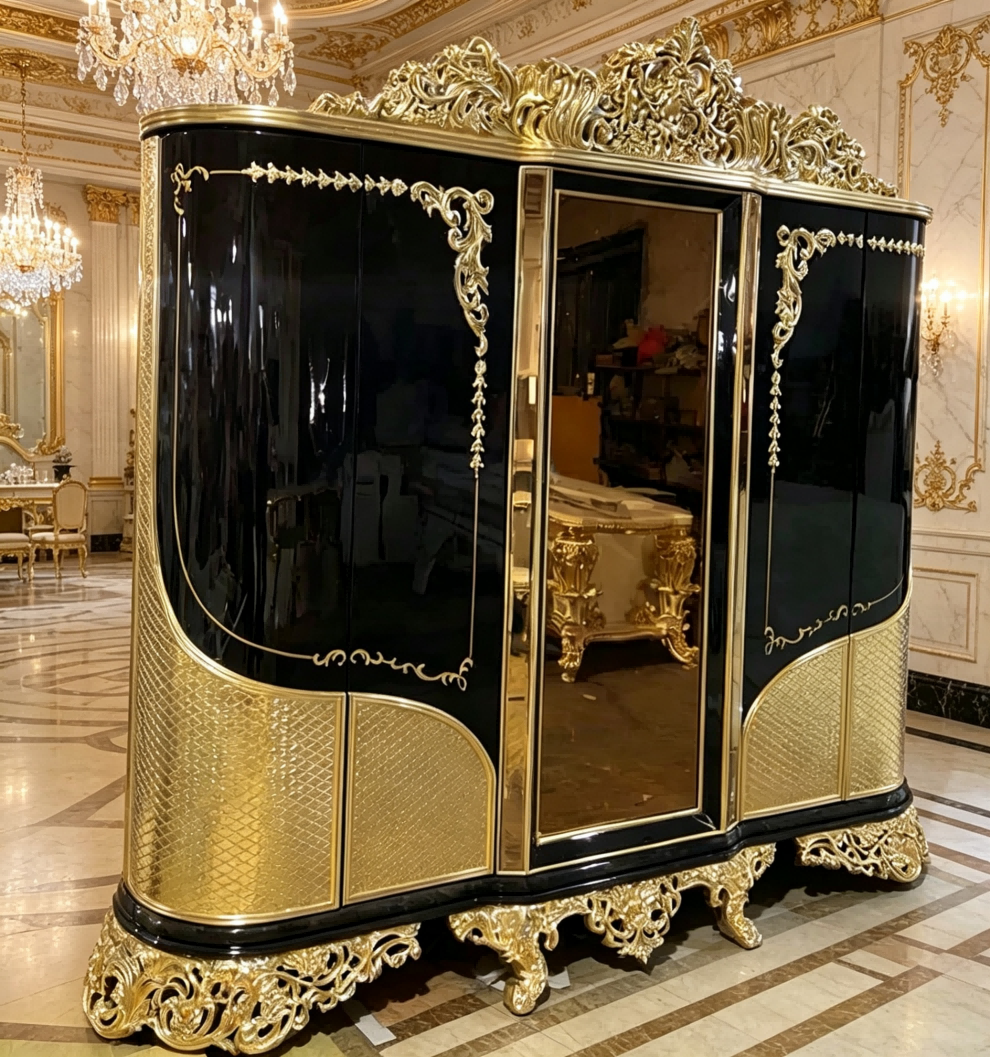 Black and gold four-door wardrobe.