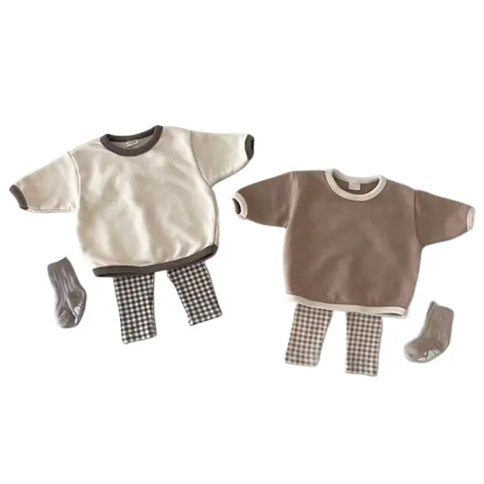 Wholesale Spring Baby Girl Boy 2PCS Set Cotton Long Sleeve Blank Soft Sweatshirt+Plaid Pants Trousers Casual Kids Clothing Suit