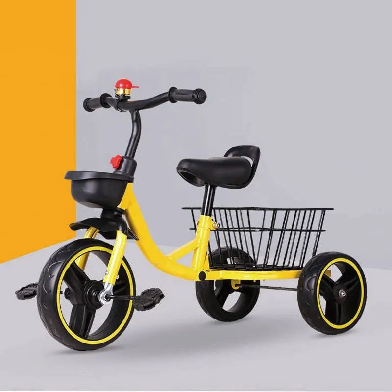 Детский трехколесный велосипед, детский трехколесный велосипед, желтый автомобиль с задней корзиной, детский трехколесный велосипед
