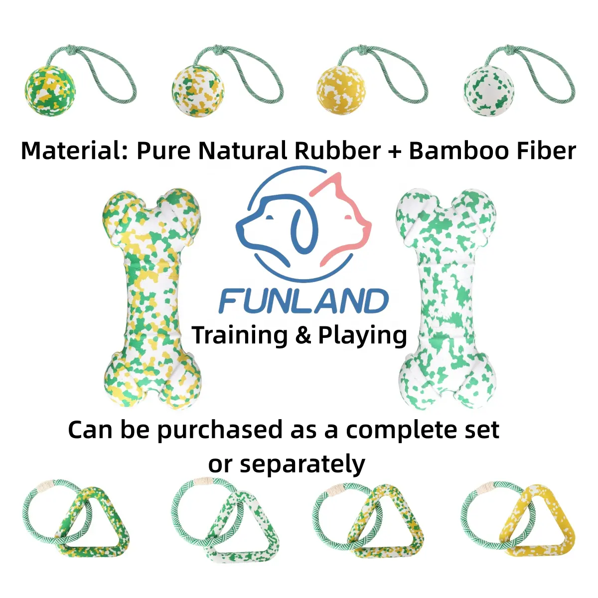 Funland tali kunyah bambu bola anjing karet alam dengan tali mainan untuk Latihan Hewan Peliharaan