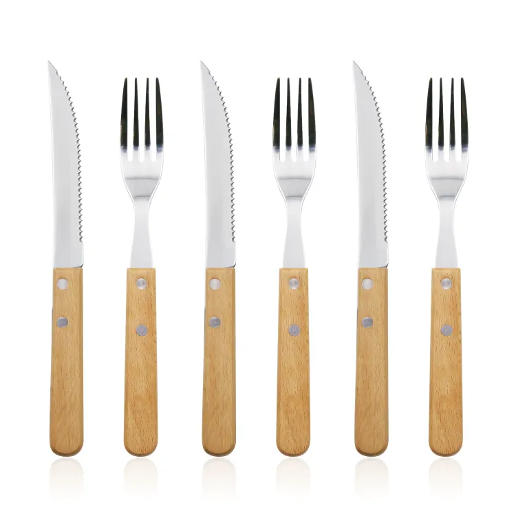 2pcs Stainless Steel Serrated Steak Knife and Fork Set with Wooden Handle for Home and Restaurant