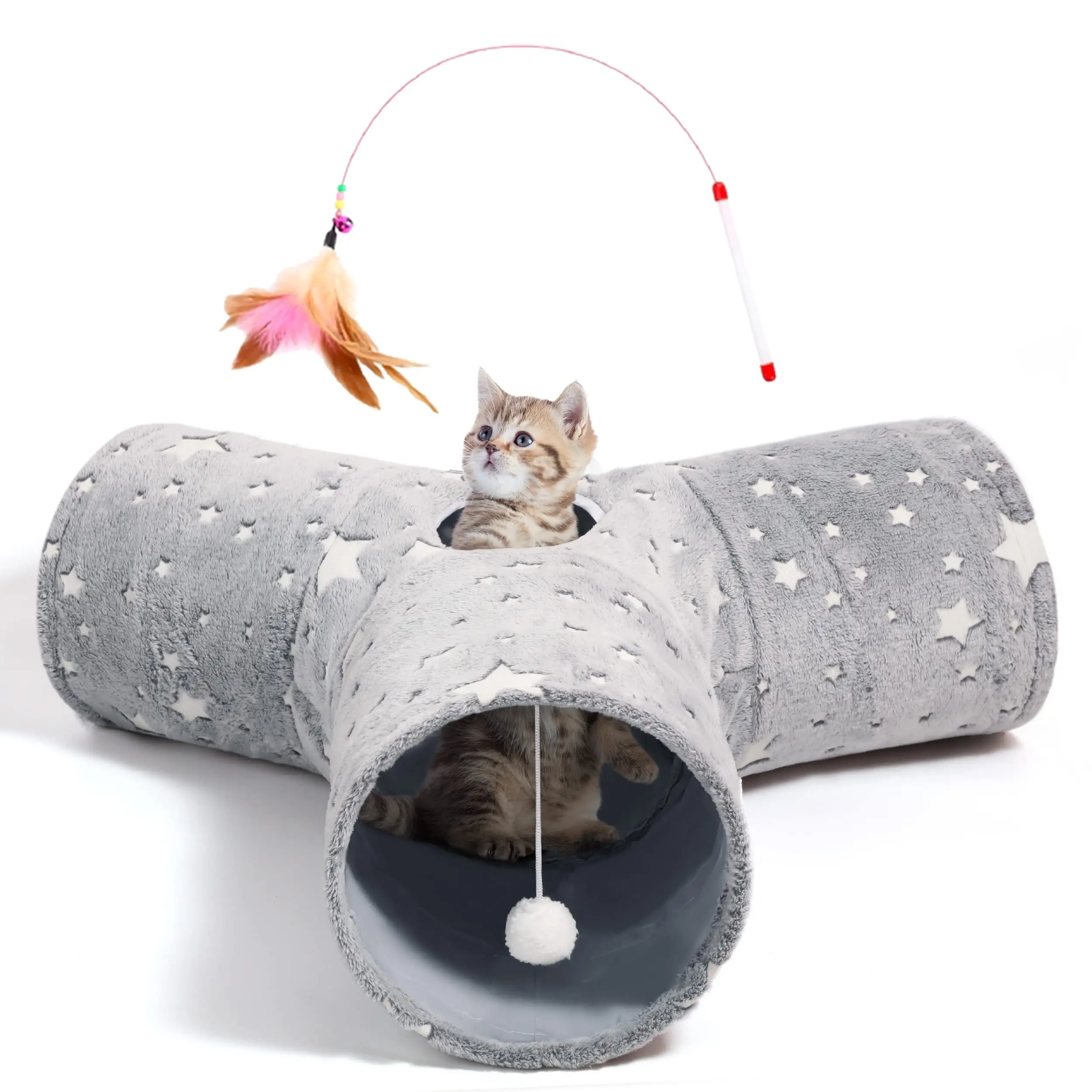All'ingrosso Tunnel per gatti Pet gatto Tunnel giocattoli 3 vie pieghevole Tunnel palla giocattolo per interni gatti cucciolo gattino coniglio