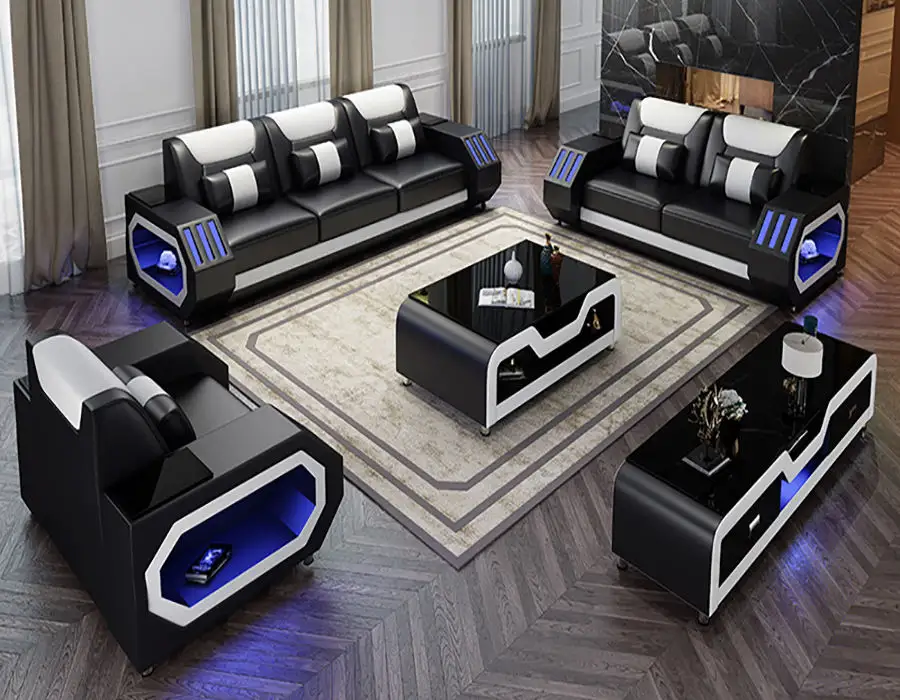 Set furnitur modular modern ruang keluarga Amerika sofa chesterfield dengan lampu led bluetooth