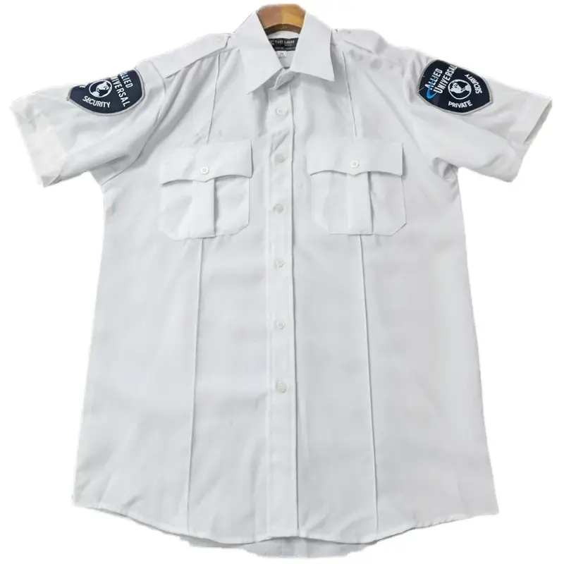 100% Polyester kemeja lengan pendek penjaga keamanan seragam kustom putih untuk pria seragam keamanan dan peralatan