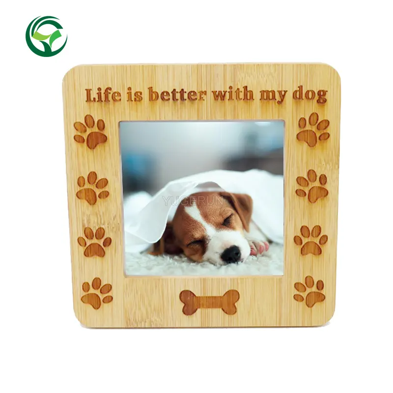 Custom Pet Claw Print Photo Frame Natural Solid Bamboo Dog Keepsake Memorial Picture Photo Frame Animal Ashes Box Picture Frame