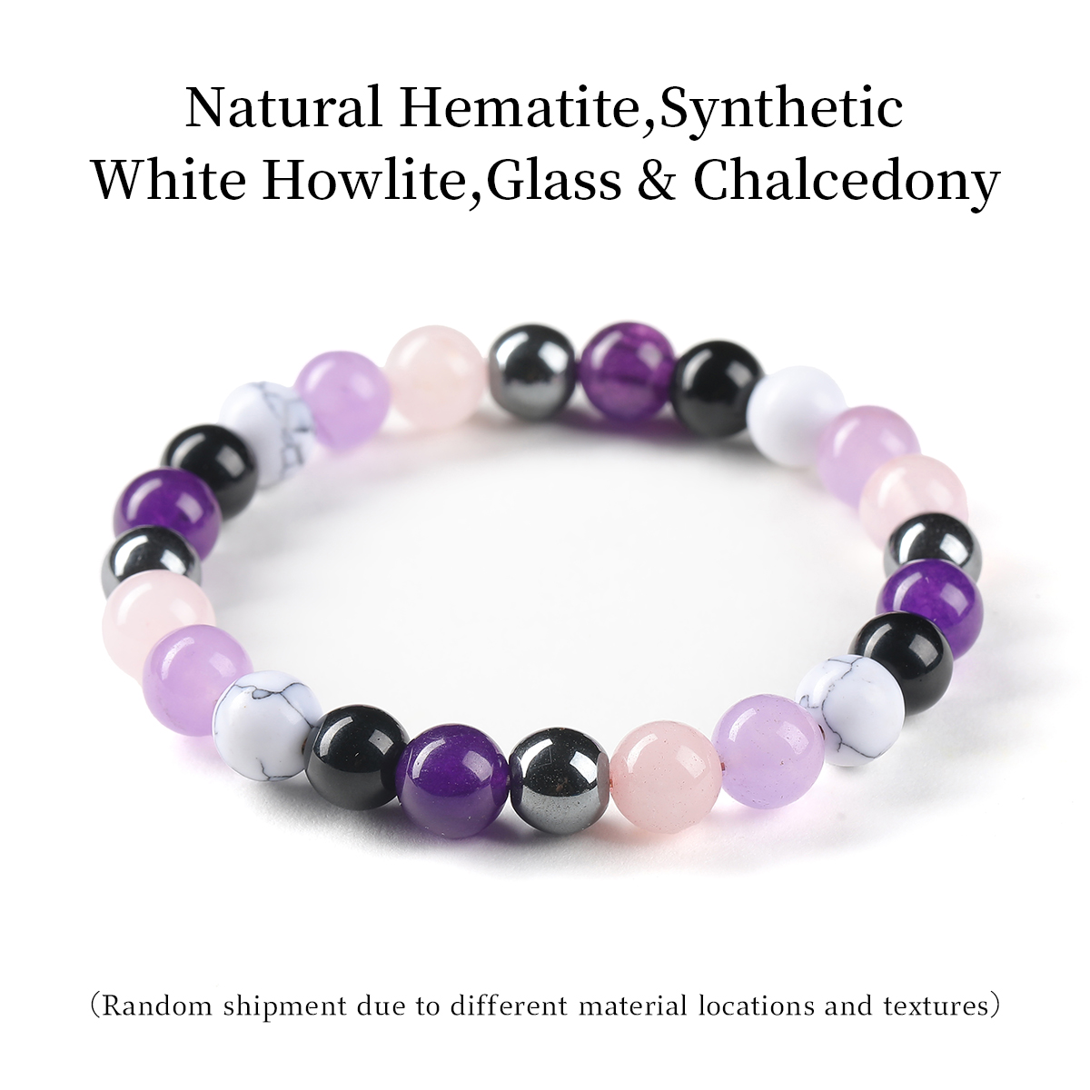 Hématite naturelle, Howlite blanche synthétique, Verre et Calcédoine
