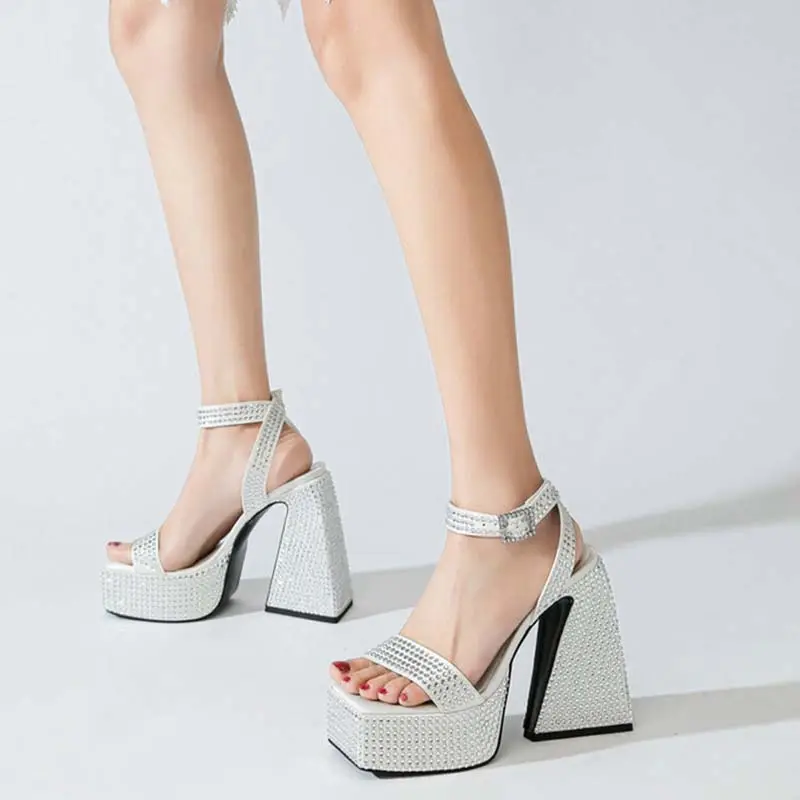 Sandálias de salto alto peep toe, plataforma encravada de diamante, salto alto com cinta para o tornozelo