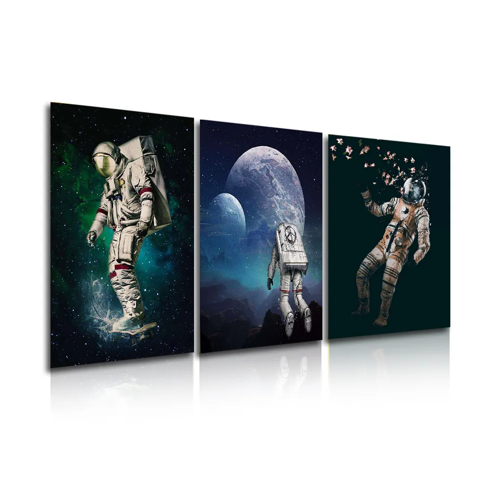 Cuadro de astronauta espacial personalizado para decoración de Hotel, impresiones digitales HD, arte de pared, grupo de 3 paneles, pintura en lienzo