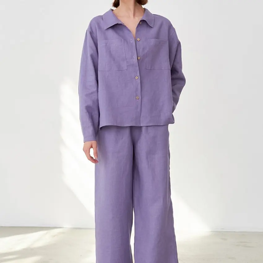 Conjuntos de roupas de algodão e linho de manga comprida personalizados para mulheres, camisas e calças de algodão com botões grandes, outono primavera 2024