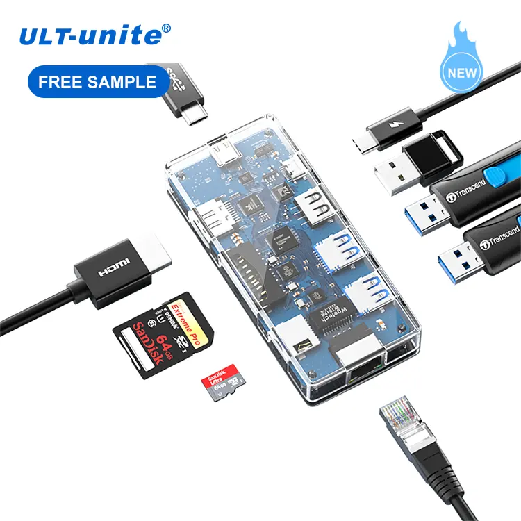 ULT-결합 8 in 1 USB-C 허브 USB C 도킹 스테이션 USB3.0 5Gbps HDMI 3840 2160 PD 20V 5A 100W USB 3.1 CF to 8 in 1 허브