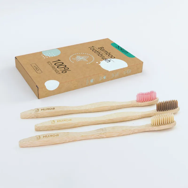 竹製品新製品レインボーカラーソフトミディアムブリッスルバンブー歯ブラシ