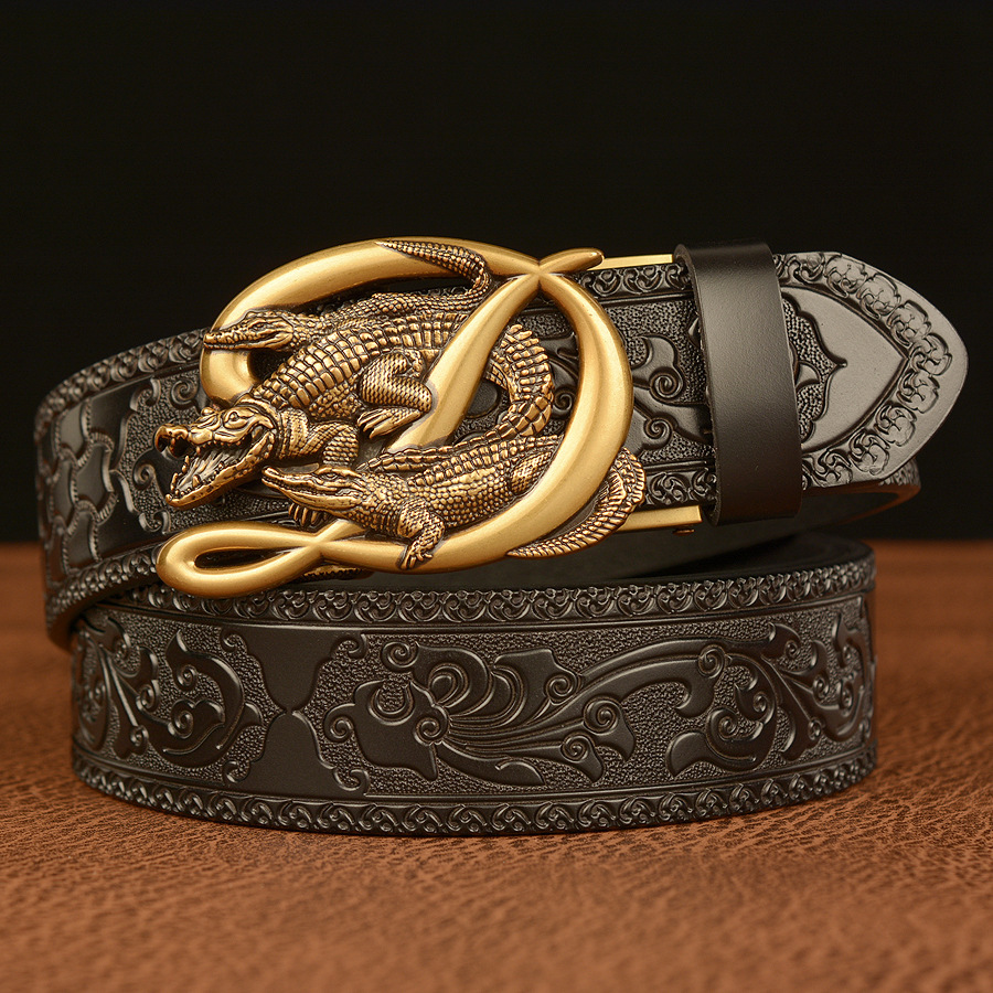Tang grass pattern black double crocodile gold buckle-110cm