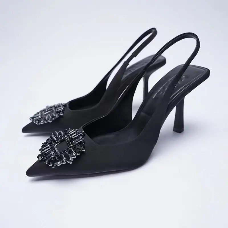 Siyah gelin düğün lüks elbise sivri bayanlar yüksek topuk ayakkabı kadınlar Sandal ofis Stiletto Rhinestone topuklu tasarımcı