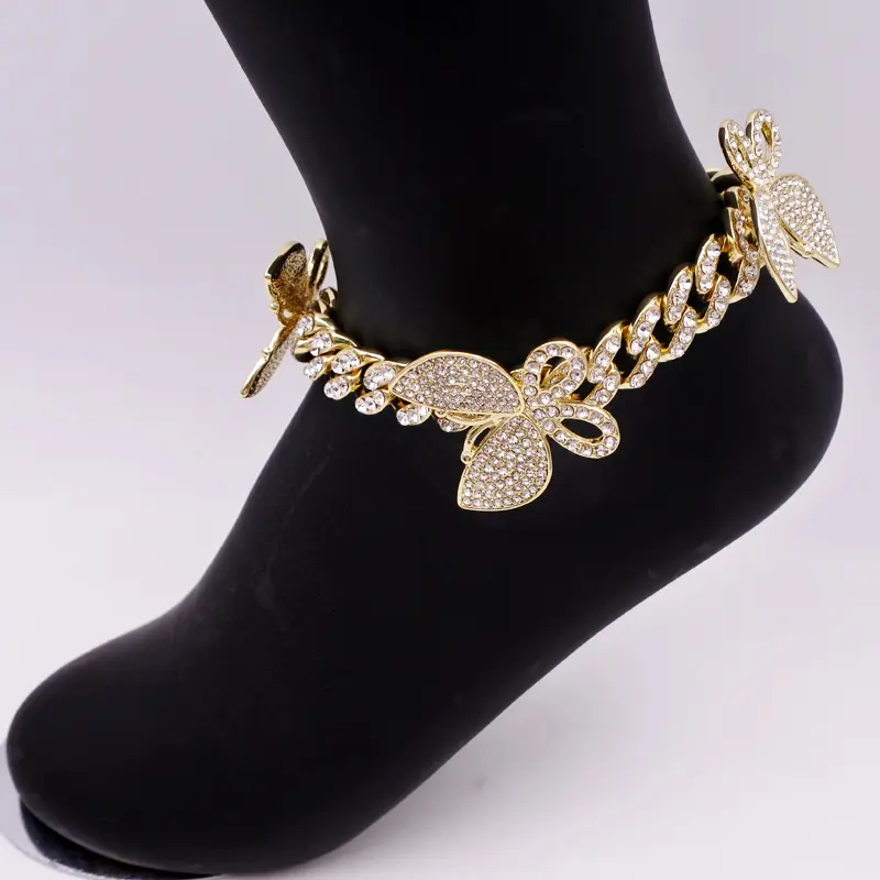 Rose Gold Rhinestone Crystal Beach Anklets for Women Foot Butterfly Ankle Bracelet Female Hip Hop Jewelry