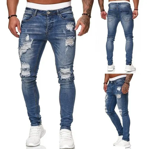 Rip Jeans กางเกงยีนส์ผู้ชายพิมพ์ลาย,กางเกงยีนส์มีรอยขาดสำหรับผู้ชายโรงงาน2022