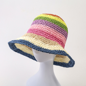 <strong>Rainbow</strong> Striped Crochet Bucket Hat Breathable Handmade Straw Beach Hat for Women - Product Image 5