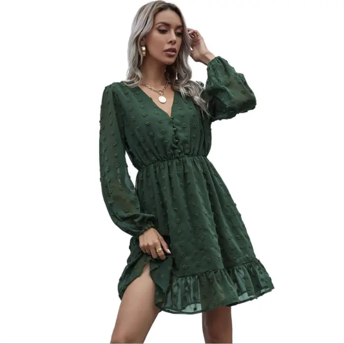 Shopify Amazon Ebay di Vendita Calda Jacquard Vestito Volant In Chiffon per Freddo Della Signora di Modo di Inverno Con Scollo A V Lady Dress Nano Rughe Vestito