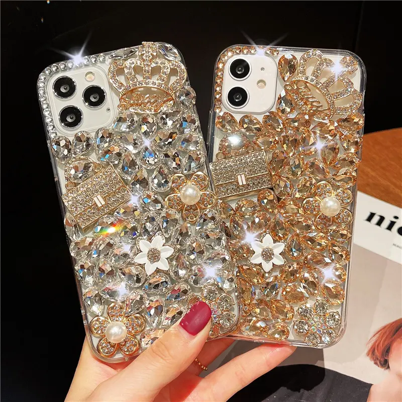 Luxury Full Bling Diamond Handbag Crown Flowers Cover per iPhone e Galaxy M51 M31S A12/32/42/52/72/22/82 5G A02S A02 M02