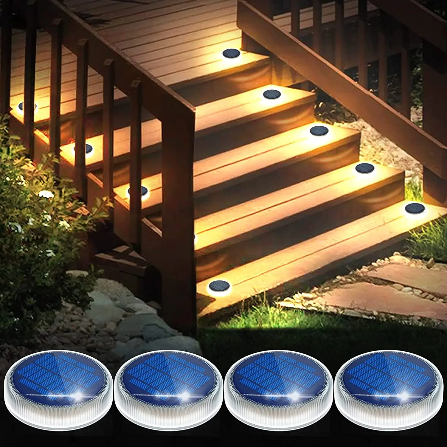 IP68 a prueba de agua Auto ON/Off Luces de cubierta de entrada con energía solar Paquete de 4 para escaleras solares al aire libre Valla de paso Patio Luces LED