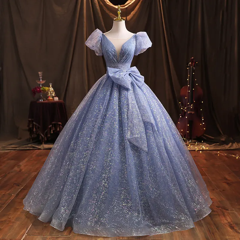 Gaun pernikahan wanita, gaun pengantin renda panjang pita kupu-kupu 2023, biru lengan berbulu untuk pernikahan