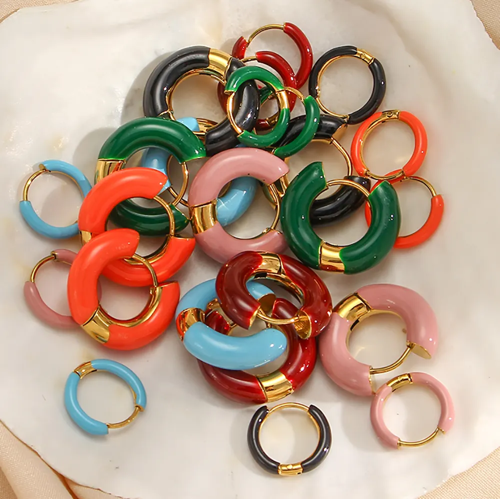Colorido Esmalte Hoop Earrings Set Natal Jóias Banhado A Ouro Brincos De Aço Inoxidável Mulheres Jóias