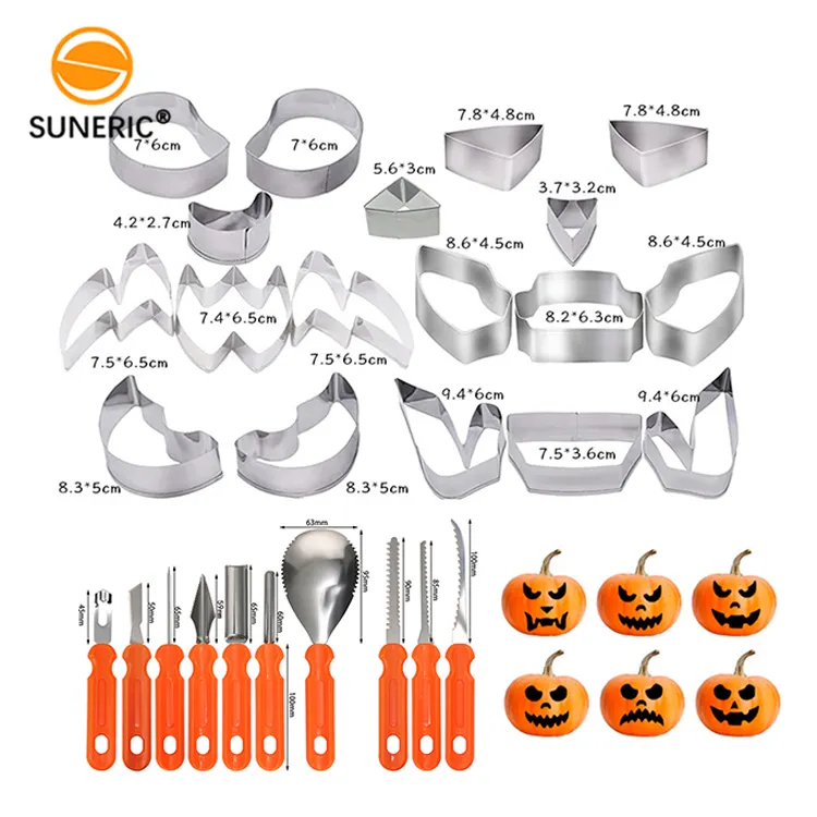 Venta al por mayor de acero inoxidable cuchillo plantillas herramientas conjunto Halloween calabaza tallado Kit