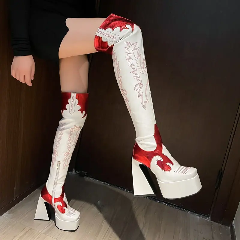 Botas de tacón alto con cremallera para mujer, zapatos con puntera cuadrada, con patrón de retazos en negro, blanco y rojo, plataforma de fondo grueso, bloque especial, tacón grueso