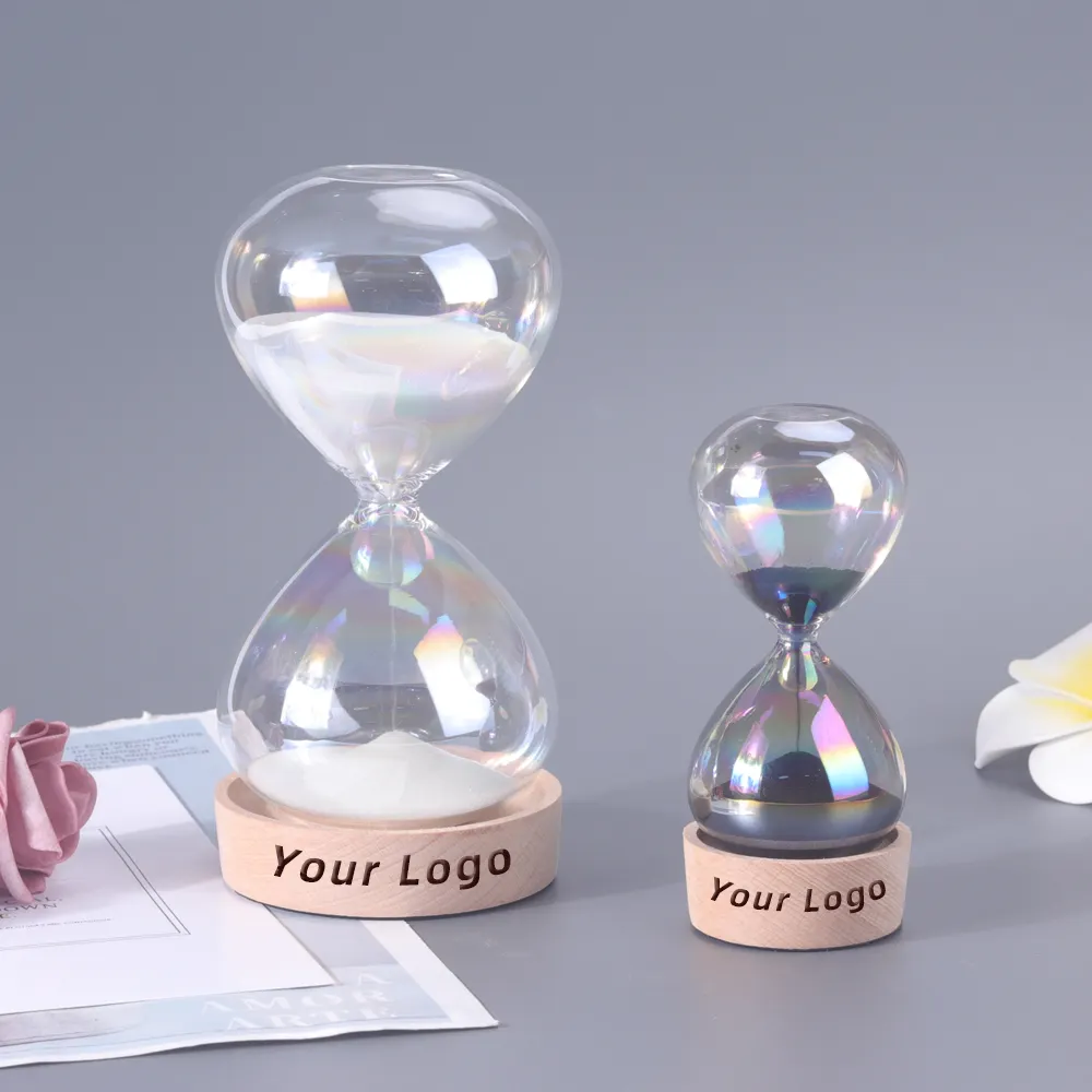 Vidro transparente decorativo personalizado, 50 minutos 5 30 60 minutos 24 horas de vidro transparente areia temporizador com base de madeira