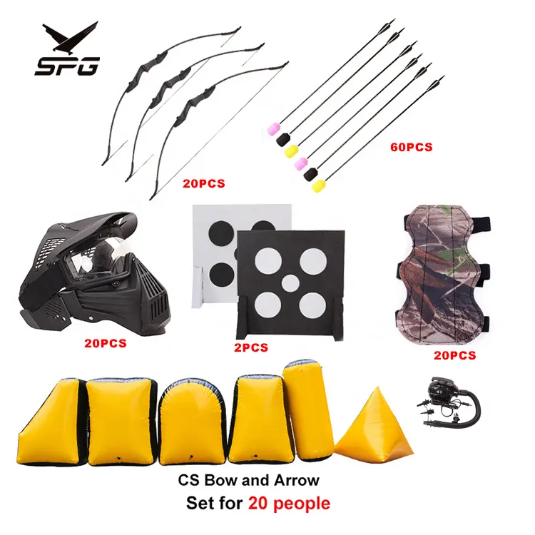 Cs spg קשתות משחק תג סט חוזר קשת רקורסיבית בונקרים מתנפחים פיינטבול קצף חיצים מטרה ציוד לחימה בטיחות עבור 20 אנשים