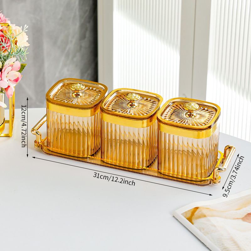 Amber Square Jar with 3 Compartments - T-shaped Gold Handle