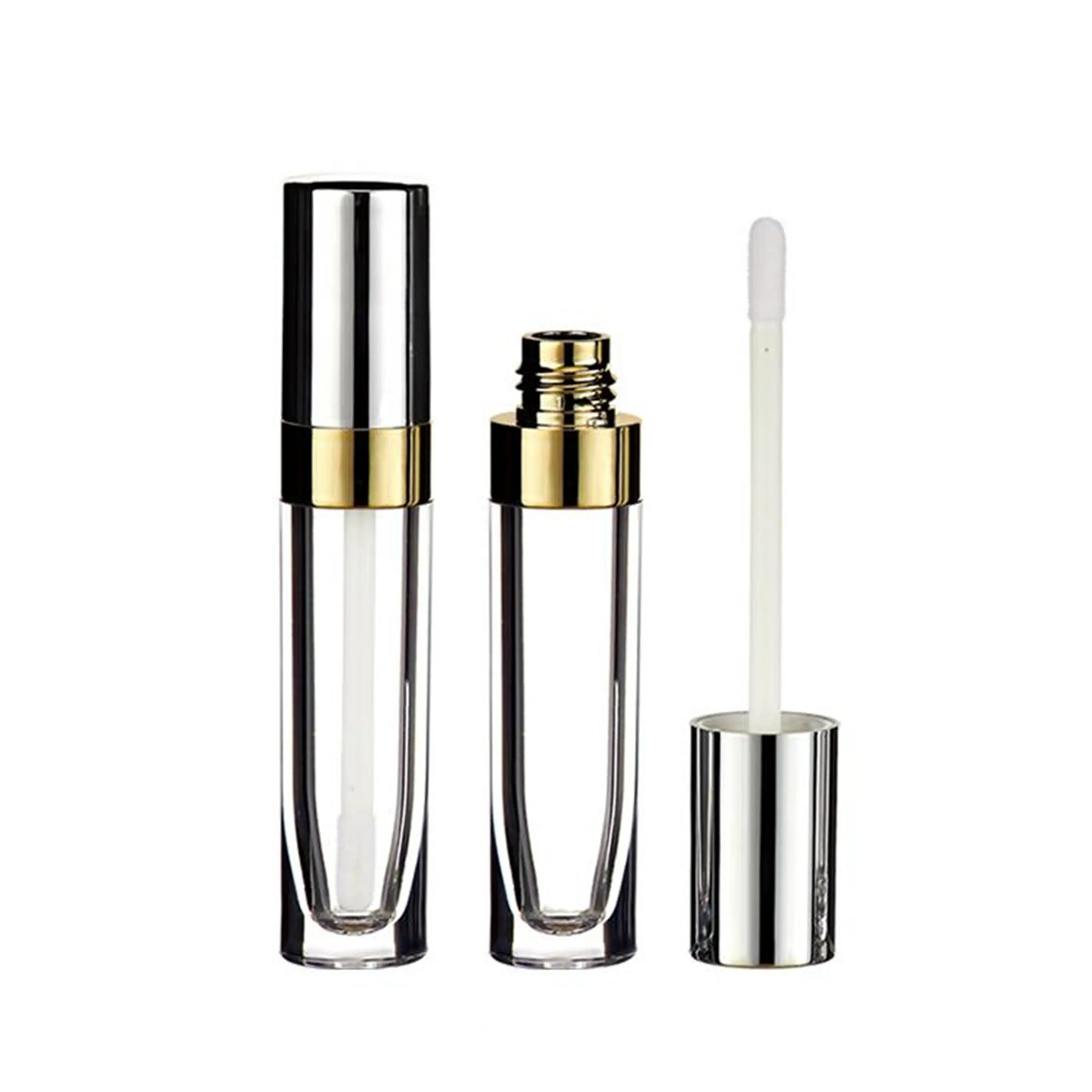 Lasca de luxo personalizado ouro cilíndrico vazio plástico transparente lip gloss tubo com escova