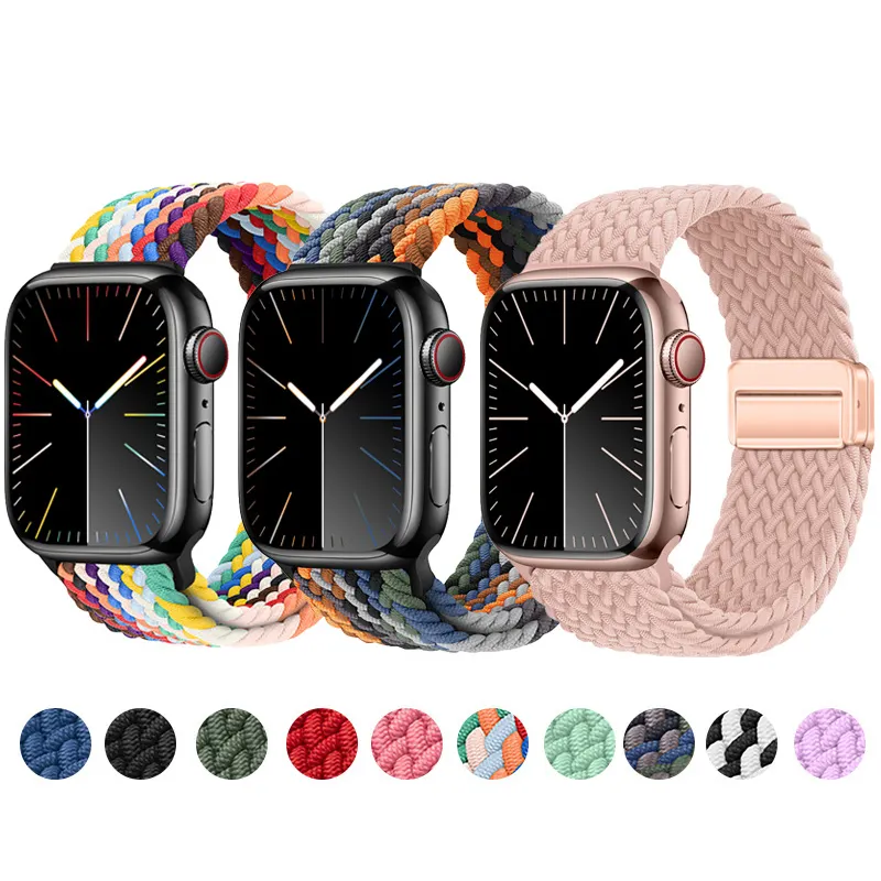 Pulseira elástica para relógio Apple Watch Series 9 8, pulseira de nylon trançada magnética, novo bracelete com fivela de metal 49 mm, ideal para mulheres, novidade de 2024