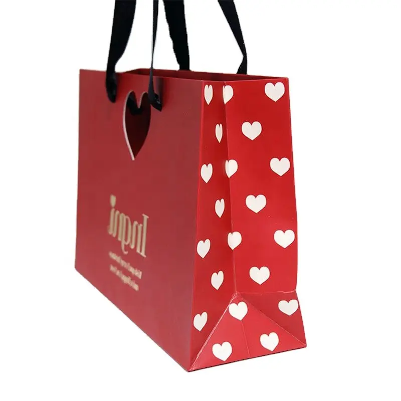 Valentine's Day Gift Heart Design Custom Printed Luxury Red Cardboard Paper Bag with Ribbon Handle for Chocolate