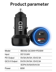 IBD352 60W 2-<strong>Port</strong> PD Car Charger New Trending 12V USB Cell Phone Charger for iPhone13 Laptop Usage 30W <strong>Output</strong> Power OTP PD 3.0 - Product Image 6